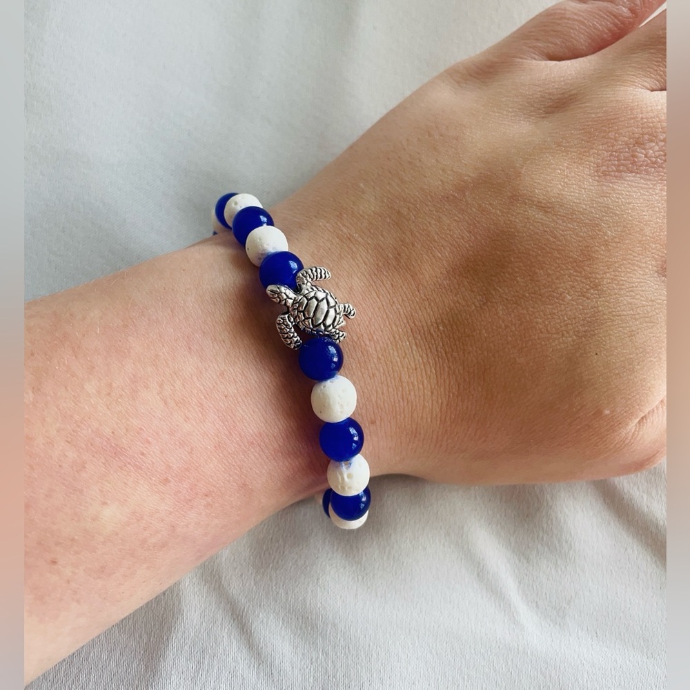 Handmade White Volcanic Lava & Deep Navy Glass Turtle Bracelet